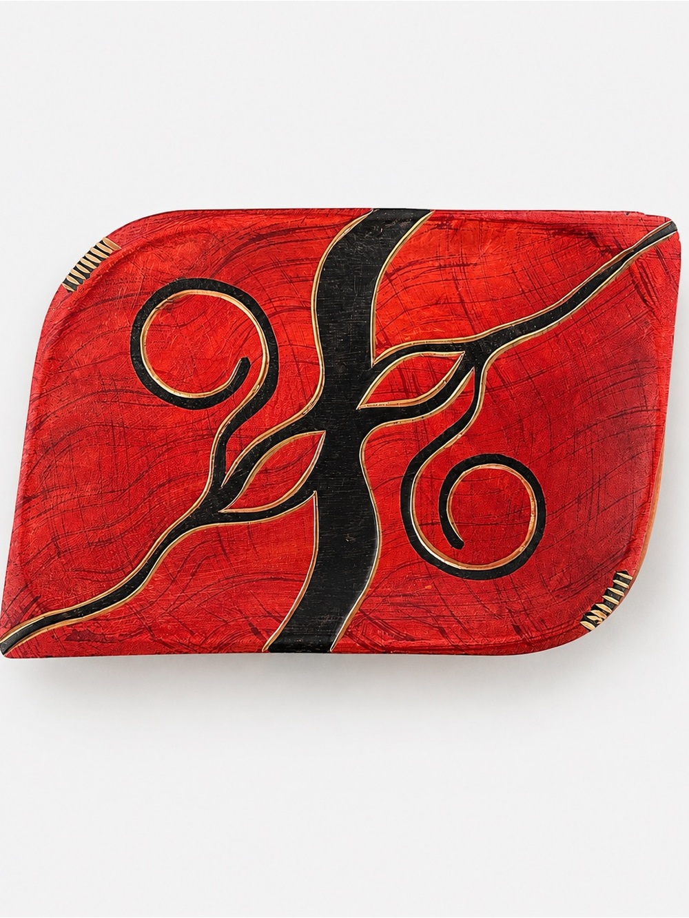 Hand Carved Wood Tray Red Black Gold Abstract Tribal Boho Decor 14 Inch